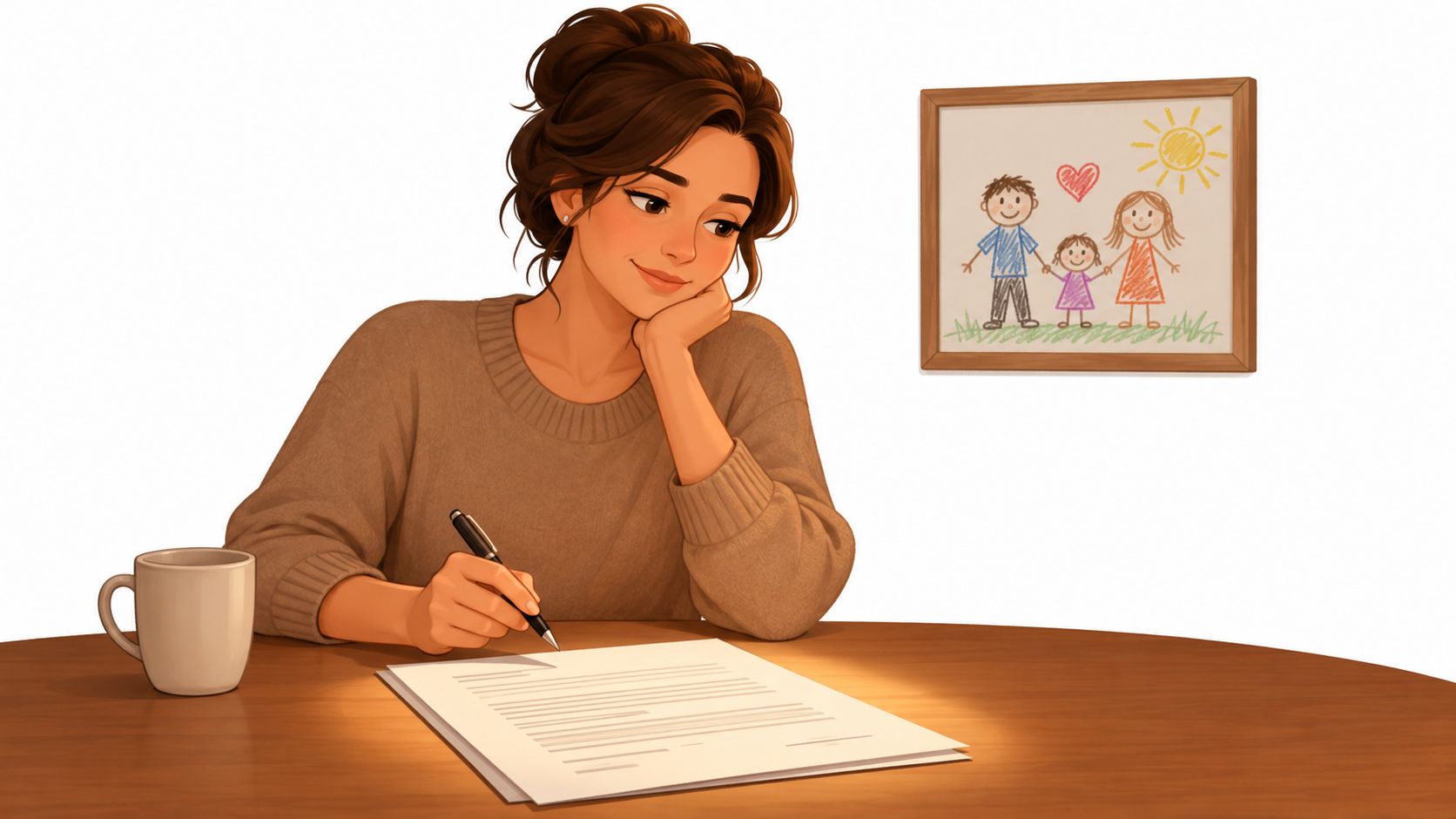 A woman with a thoughtful expression writing on paper at a wooden table near a family drawing.