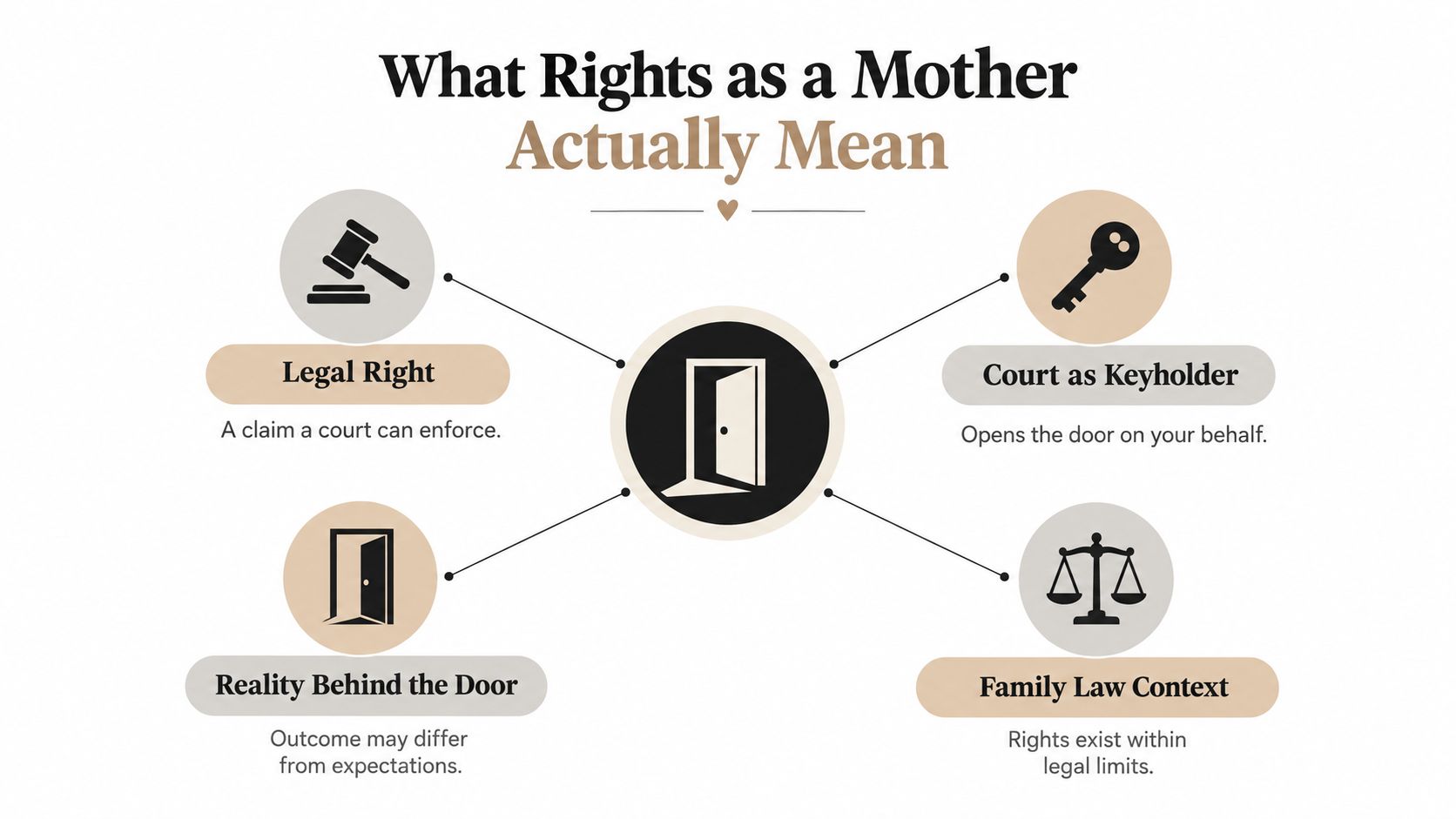 An infographic titled What Rights as a Mother Actually Mean, illustrating legal rights and court processes.