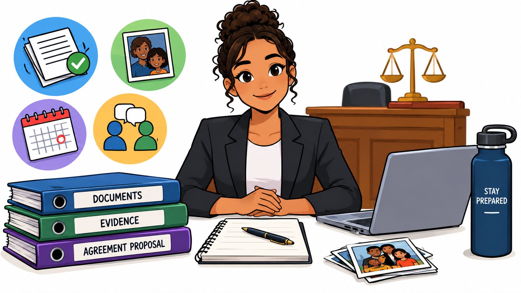 A professional woman sitting at a desk with organized legal files and a laptop in her office.