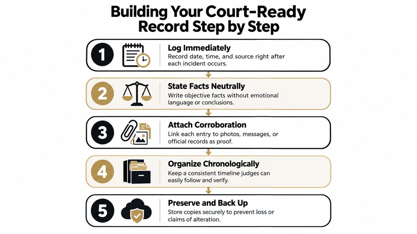 A step by step guide for building a court-ready evidence record for legal documentation purposes.
