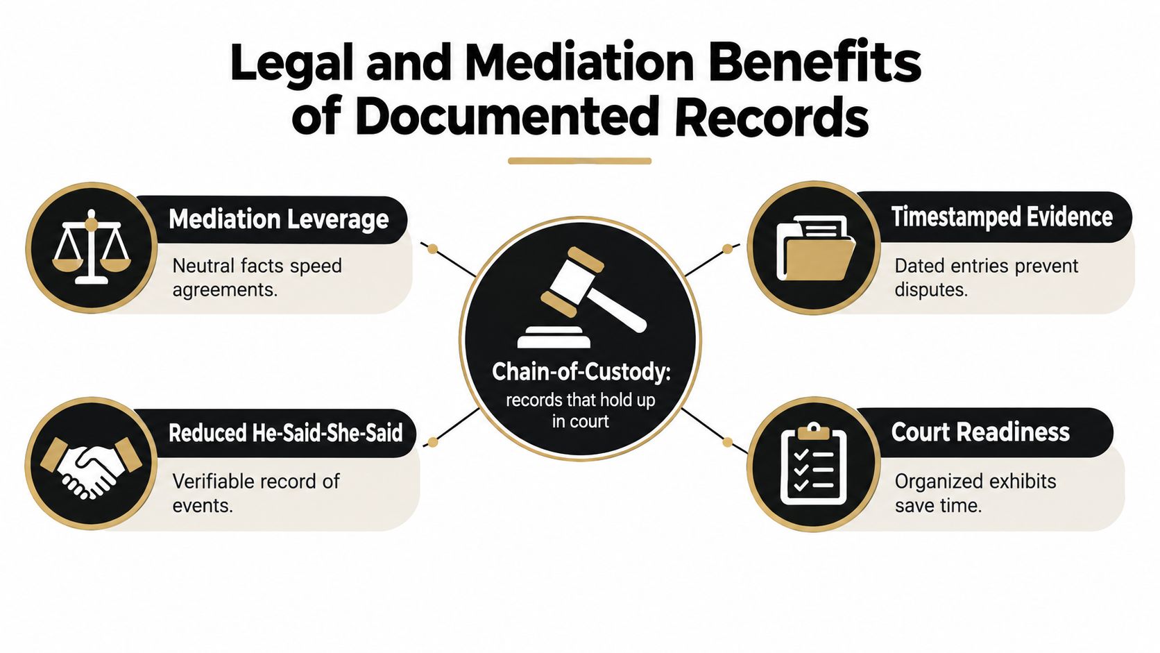 A diagram outlining the legal and mediation benefits of maintaining documented records for court evidence and disputes.