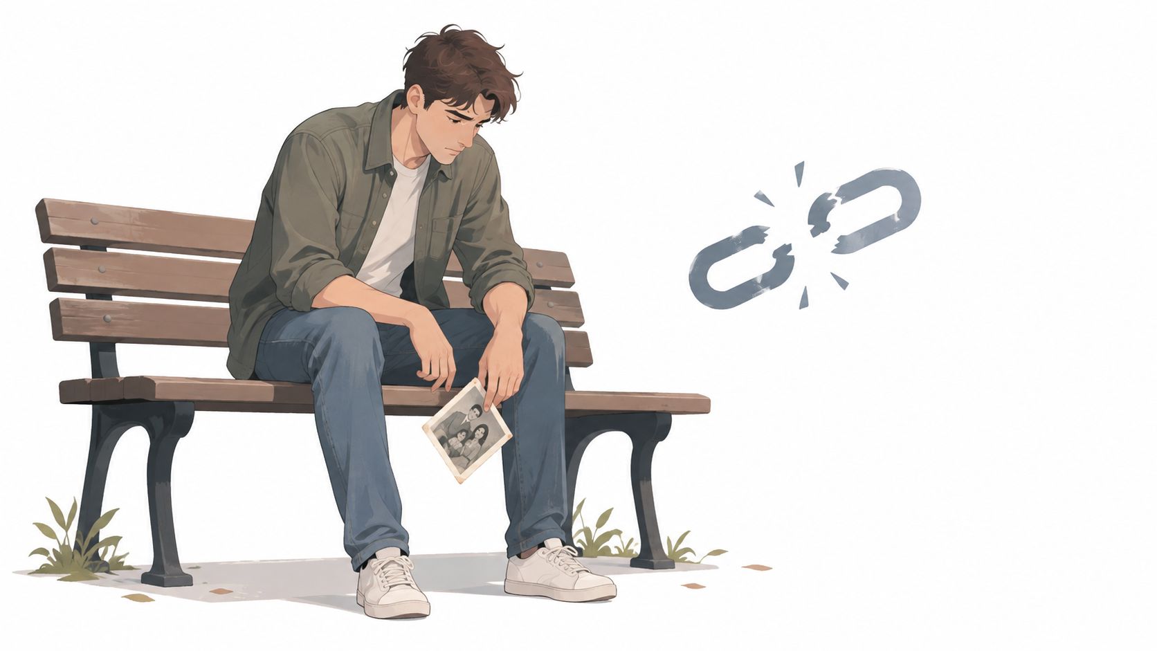 A sad man sitting on a park bench holding a family photograph with a broken chain icon nearby.