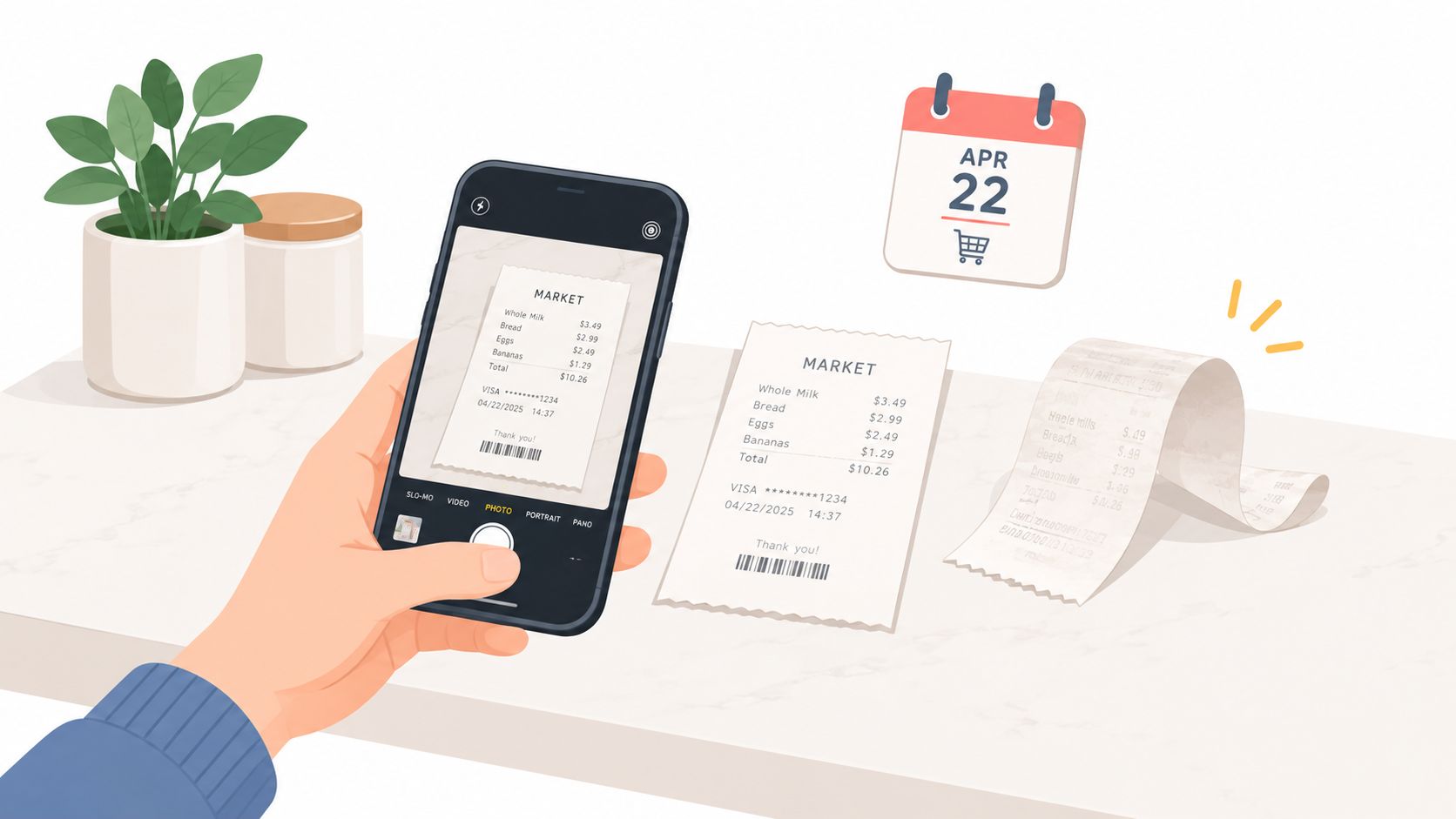 A hand uses a smartphone to scan a paper grocery receipt to track household expenses on April 22.