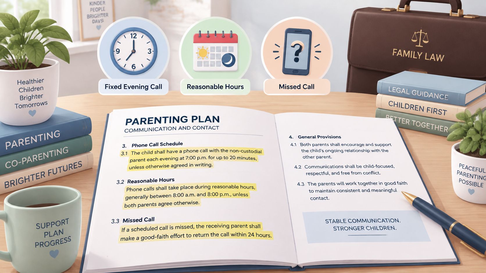 A parenting plan document on a wooden desk highlighting guidelines for phone calls between children and parents.