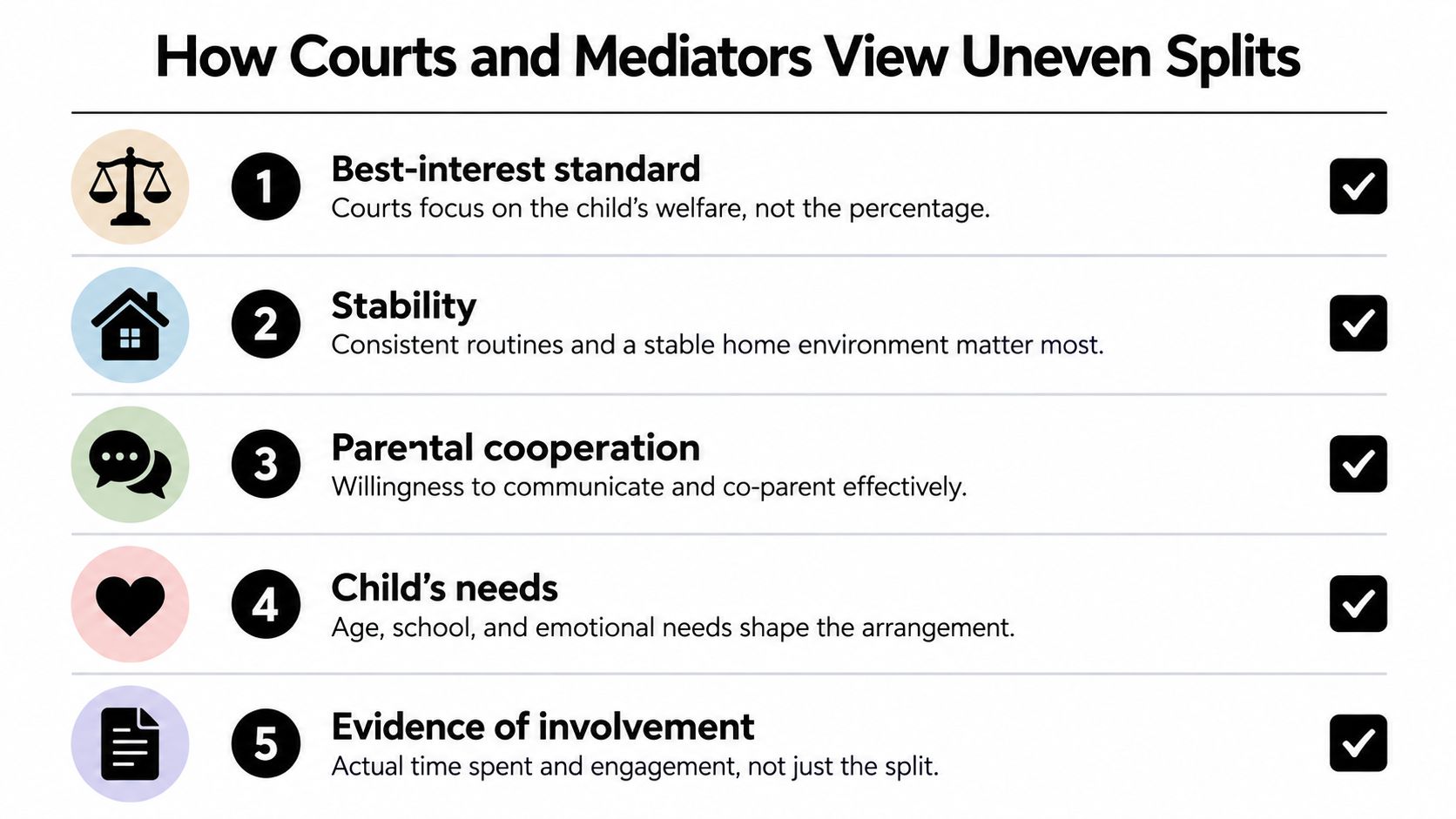 A list graphic illustrating five key factors courts and mediators consider when evaluating uneven child custody splits.