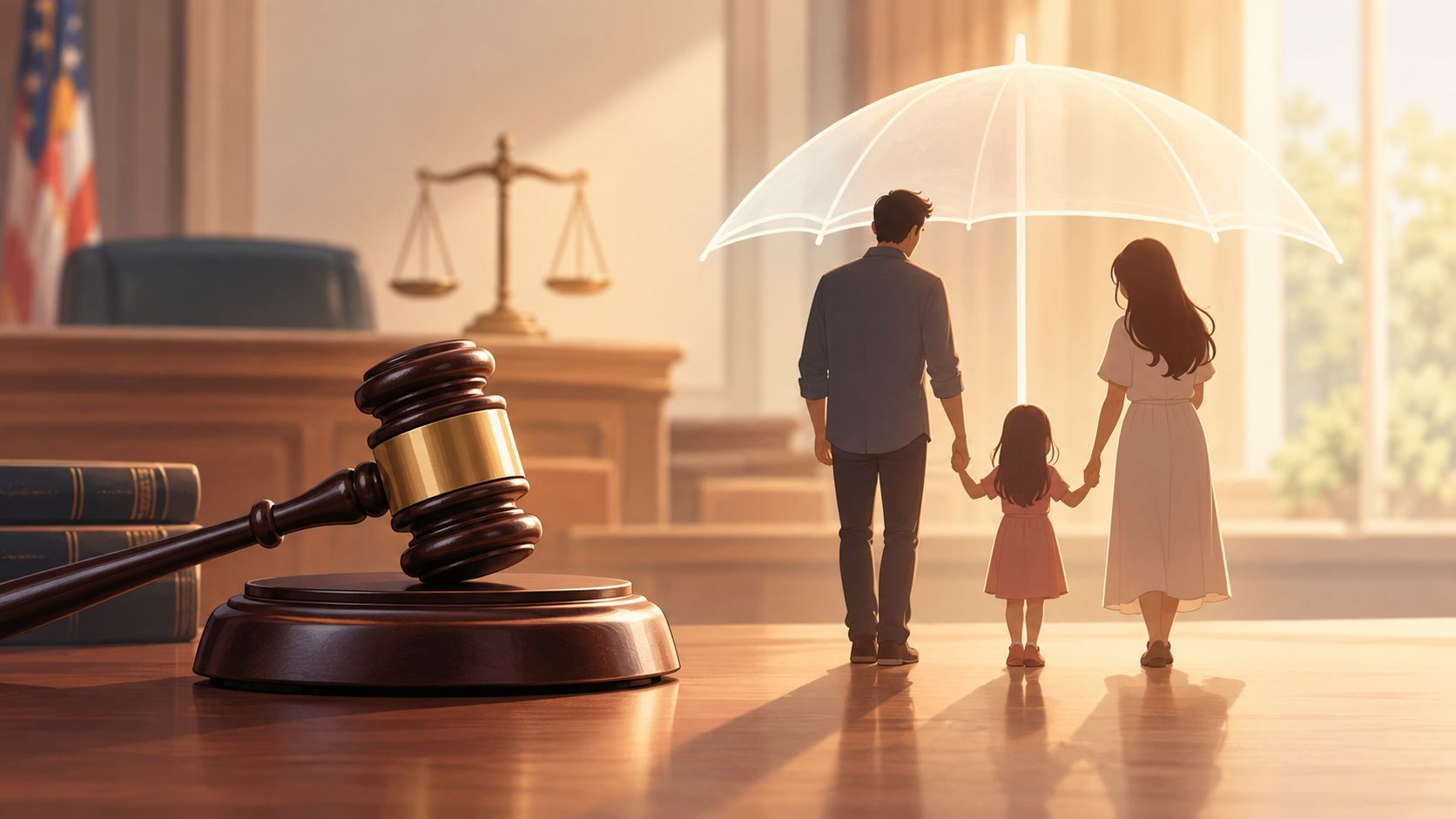 A family holding hands protected by an umbrella in a courtroom with a judge's gavel in foreground.