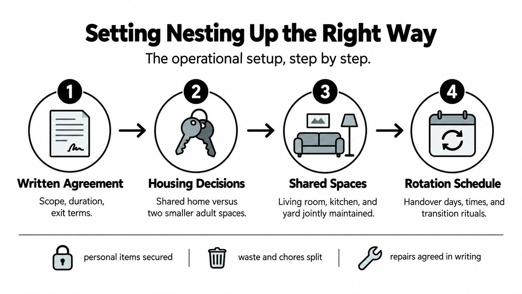 An infographic titled Setting Nesting Up the Right Way detailing a four-step process for co-parenting housing arrangements.