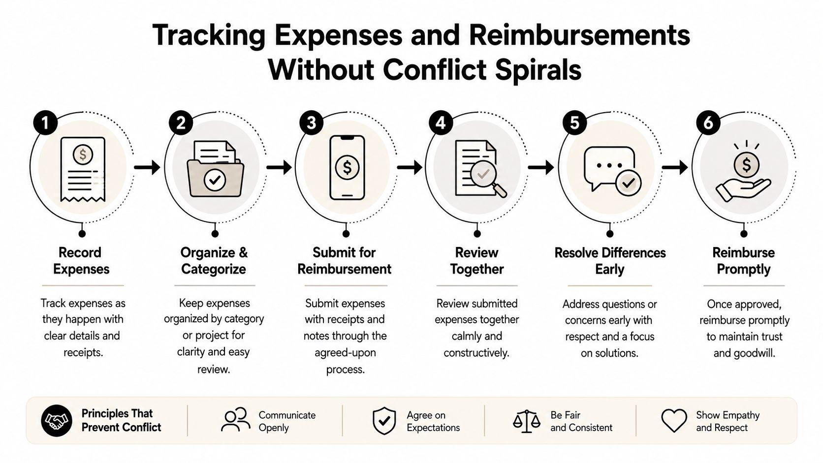 A six-step infographic illustrating a process for tracking business expenses and managing reimbursements to avoid conflict.