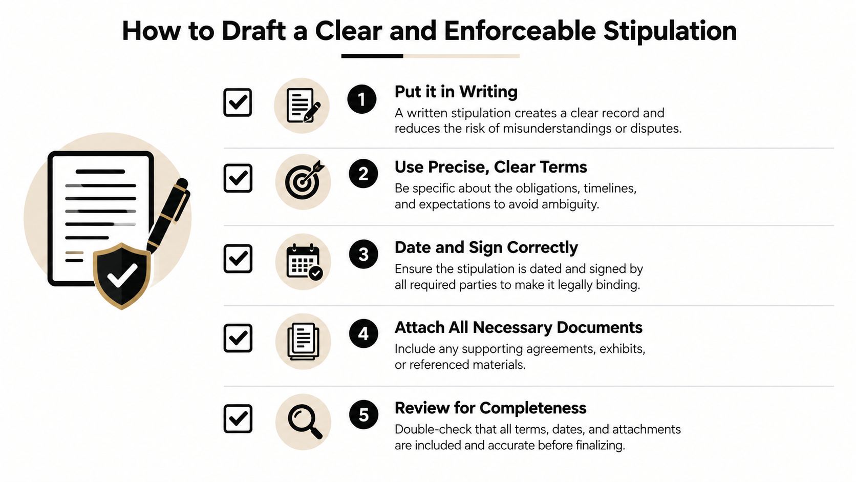A five-step guide on how to draft a clear and enforceable legal stipulation for agreements.