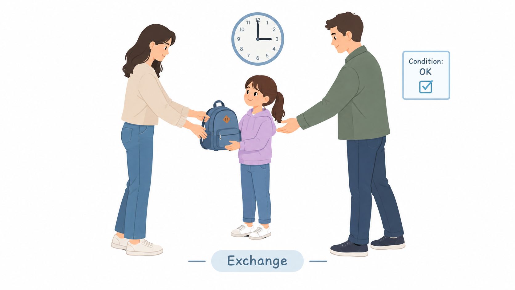 A mother and father handing a backpack to their young daughter in a coparenting exchange illustration.