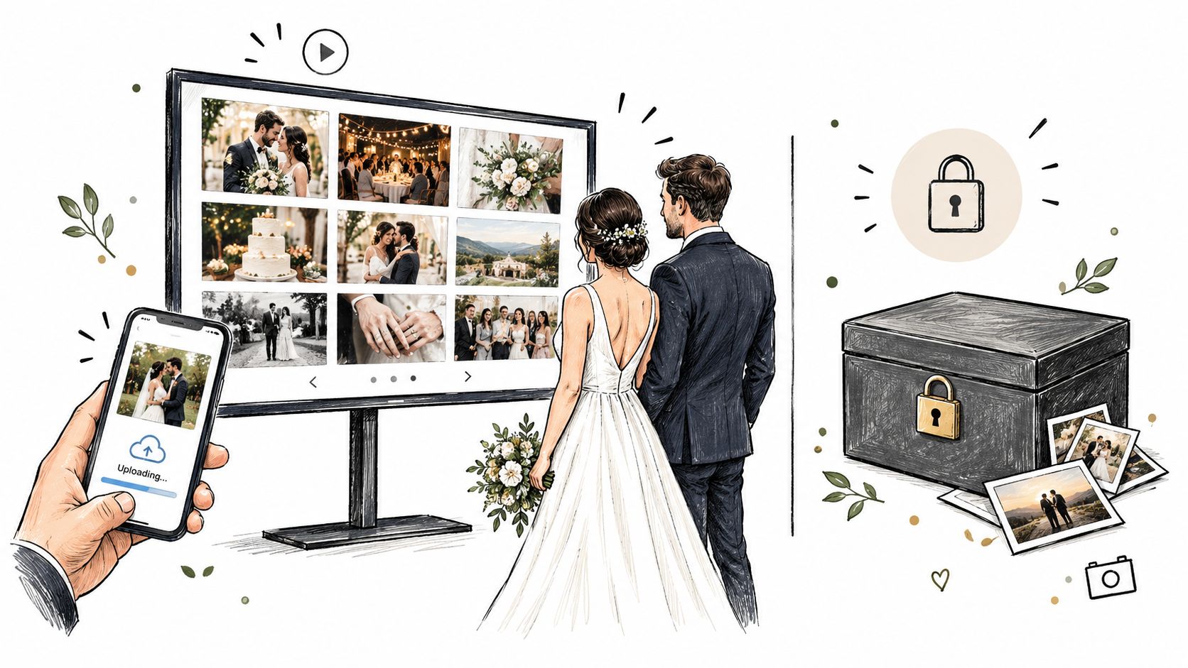A digital illustration showing a couple viewing wedding photos on a screen while securing memories in a locked box.