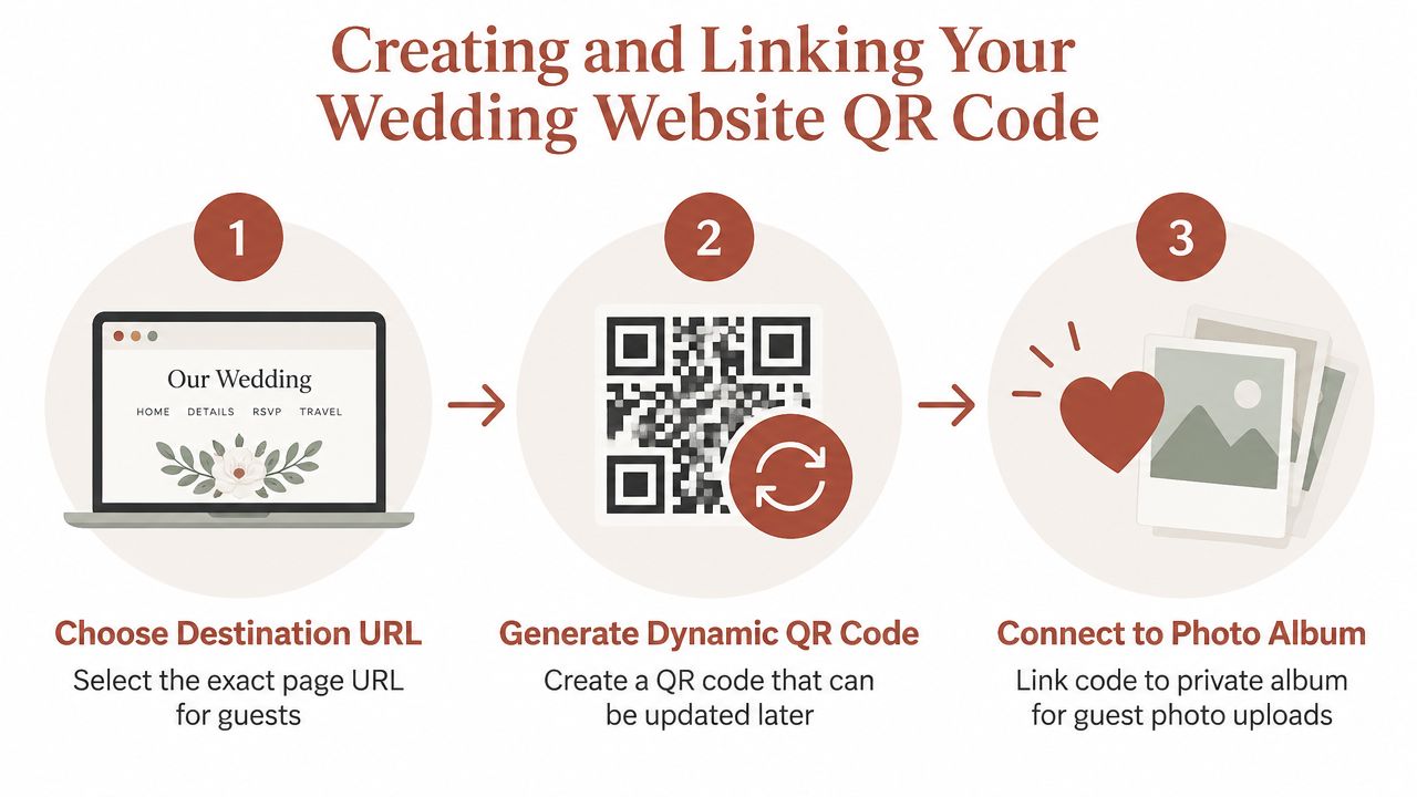 An infographic illustrating the three-step process for creating, generating, and linking a custom wedding website QR code.