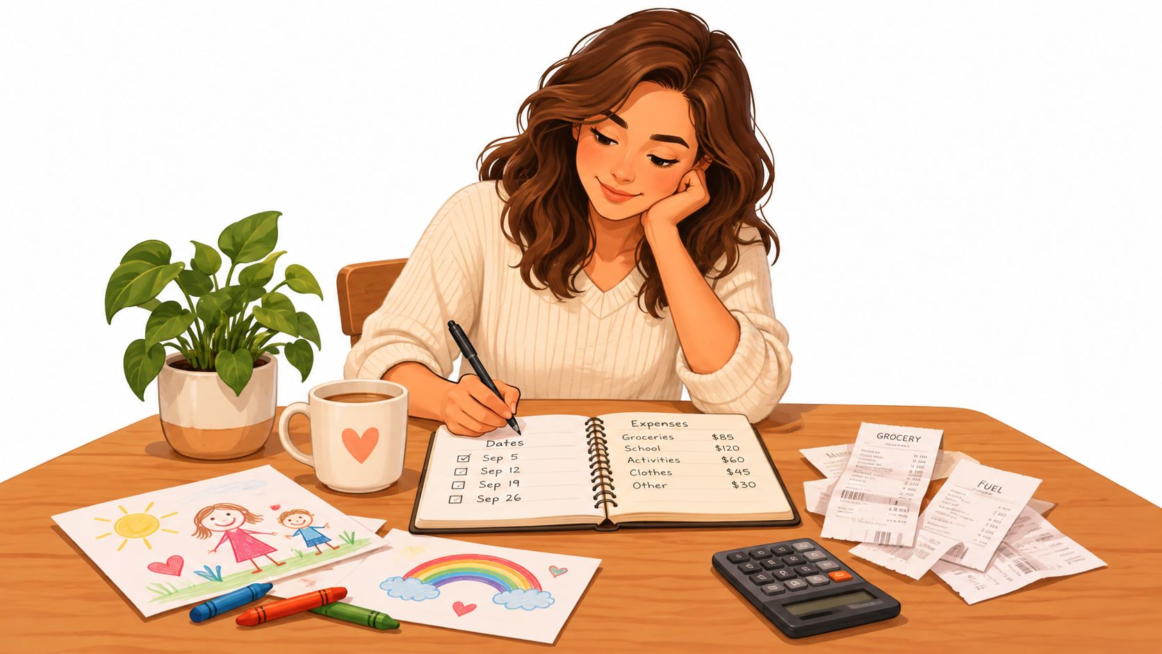 A young woman sits at a wooden table, carefully tracking monthly expenses in a notebook with receipts.