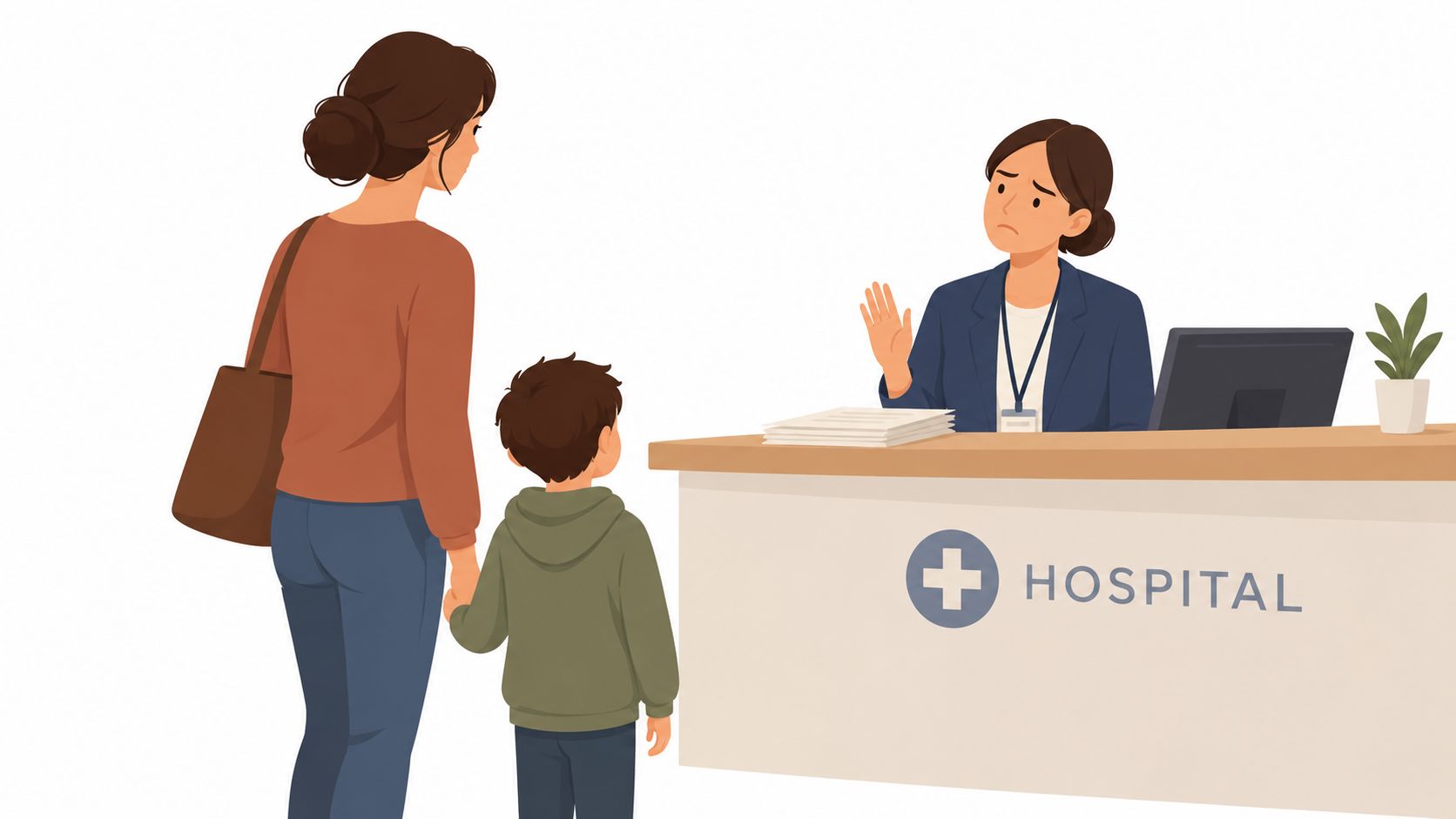A woman and her young son speaking with a serious hospital receptionist at a clinic registration desk.
