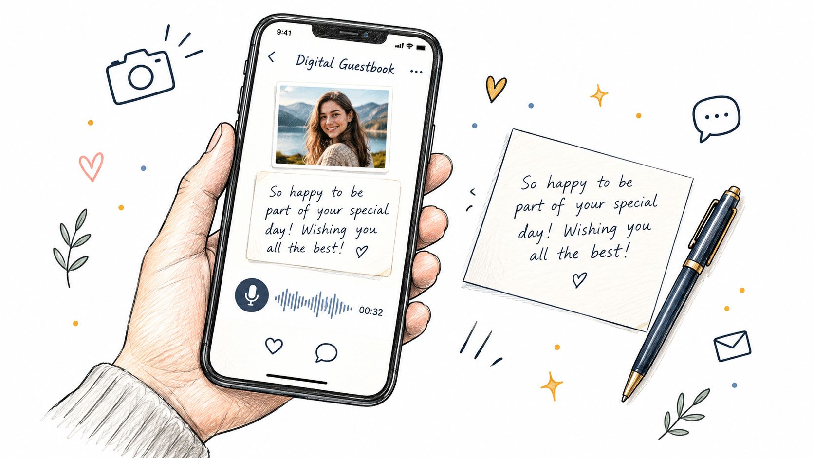 A hand holding a smartphone displaying a digital wedding guestbook app next to a handwritten note and pen.