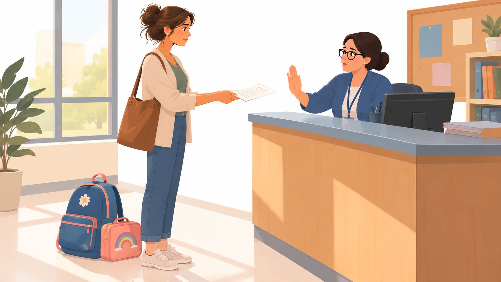 A young woman handing a legal document to a receptionist at an office desk.