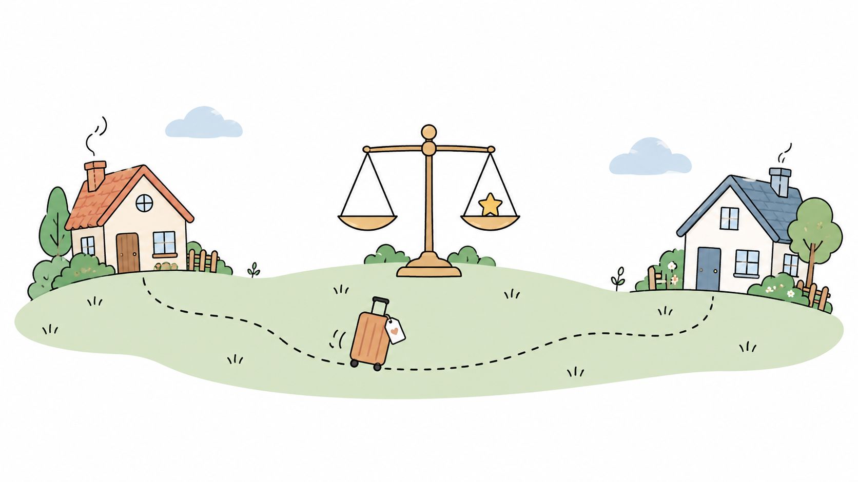A whimsical illustration showing a suitcase moving on a path between two houses with a scale of justice.