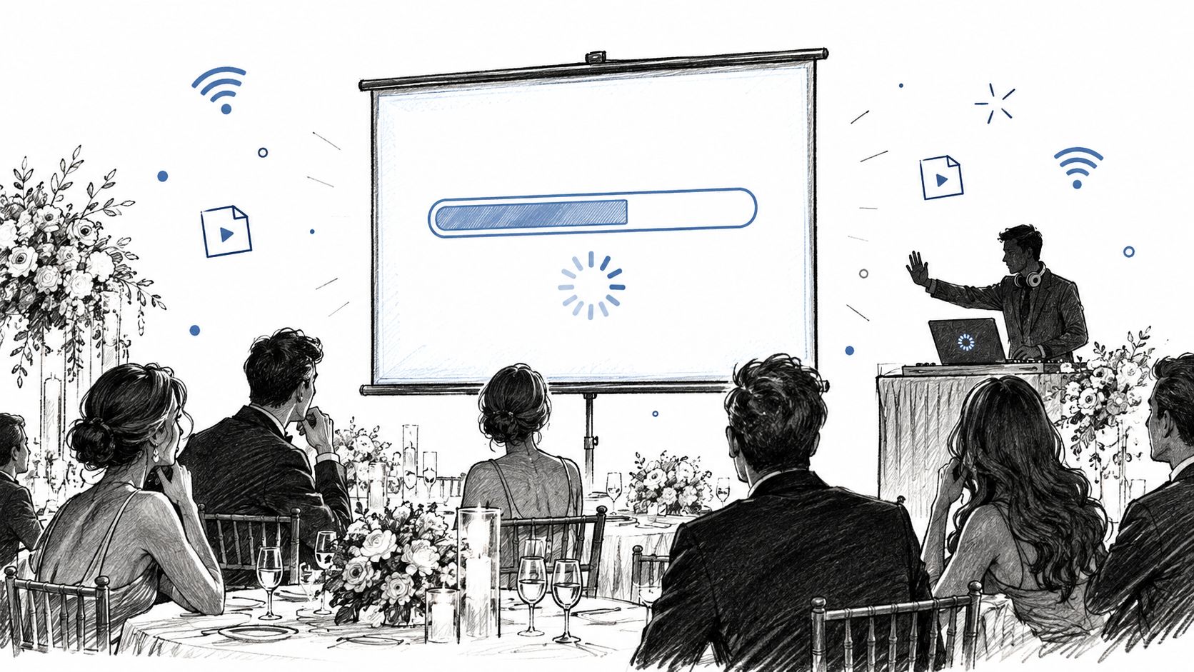 A wedding reception guests look at a projection screen displaying a loading bar and buffer icon.