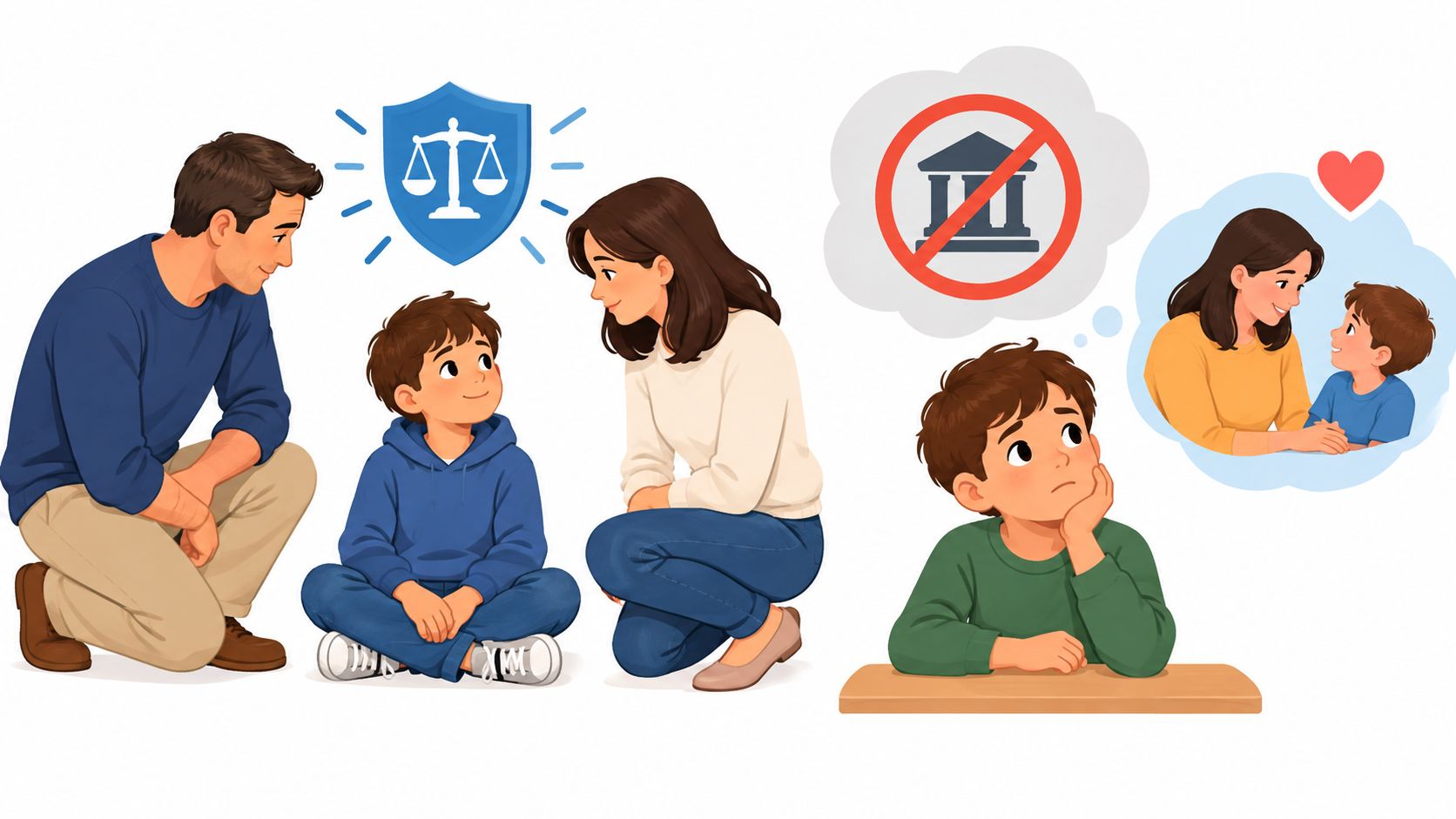 A family illustration showing parents with their child, representing legal guardianship and love versus institutional care.