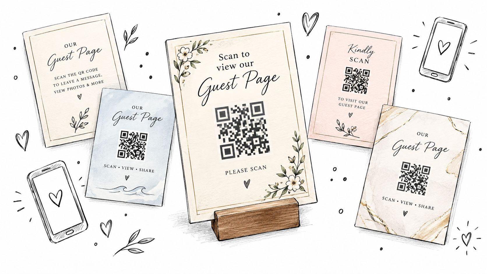 A collection of wedding signage templates featuring QR codes for guests to scan and access digital event pages.