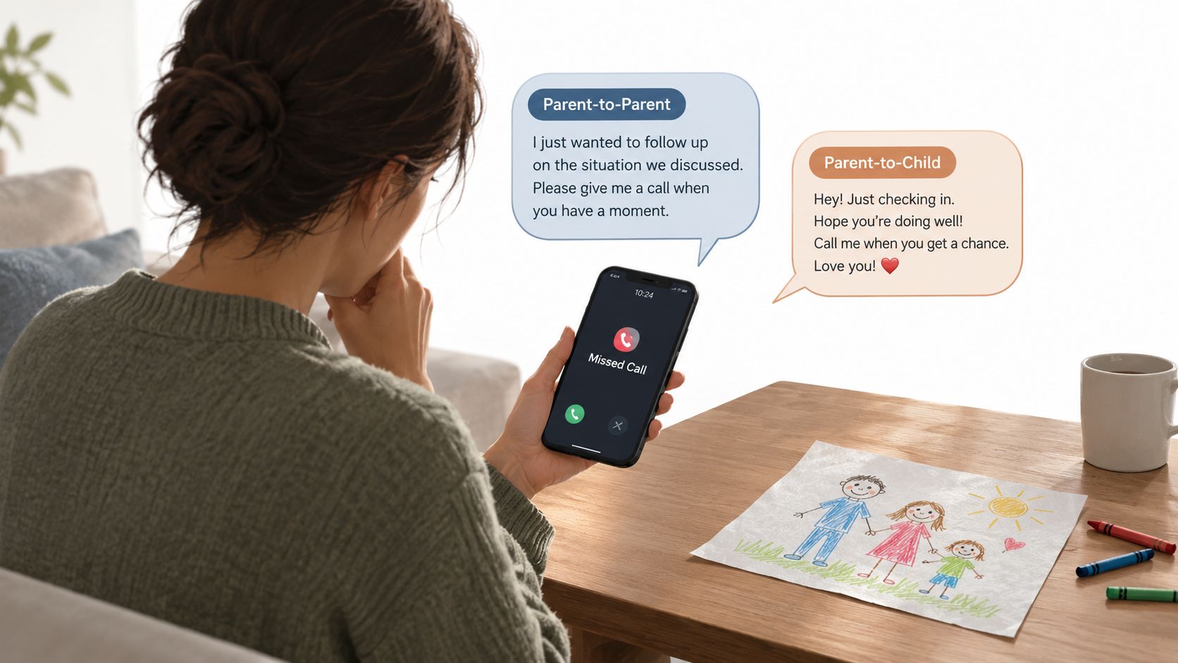 A woman looks at her phone while showing message bubbles illustrating communication between parents and children.