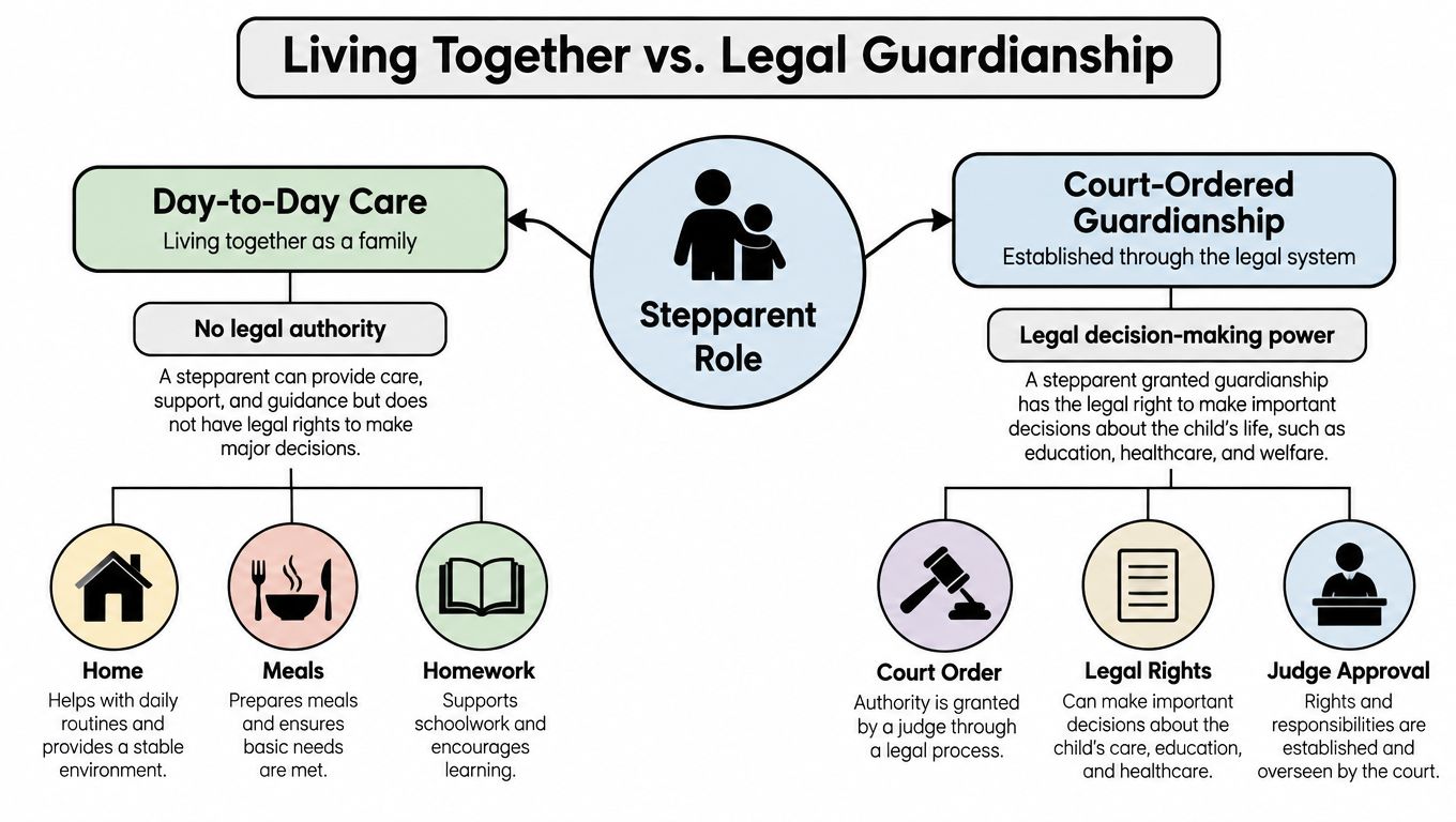 A diagram comparing the roles of a stepparent in day-to-day care versus court-ordered legal guardianship.