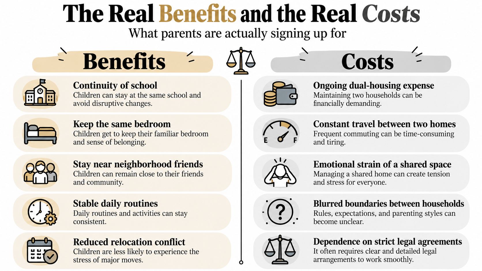 A comparison chart outlining the real benefits and costs of bird nesting arrangements for divorcing parents.
