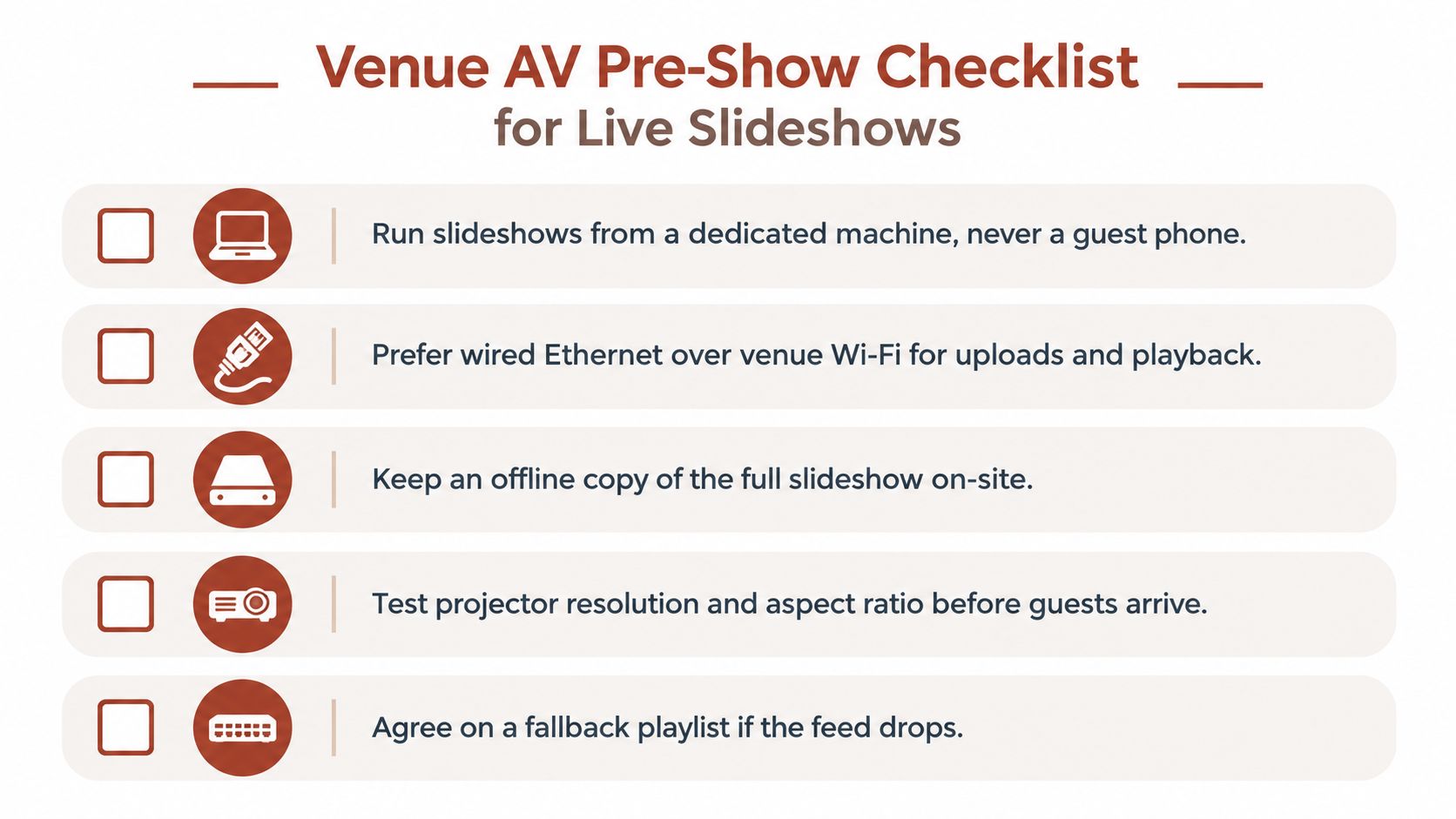 A professional checklist for venues to follow when setting up AV equipment for live slideshow presentations.
