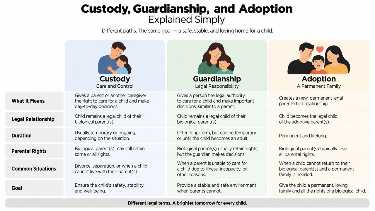 A comparison chart explaining the differences between custody, guardianship, and adoption for child care settings.