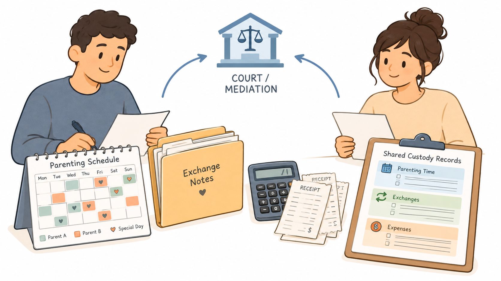 A man and woman organizing parenting schedules, receipts, and custody records to prepare for mediation.