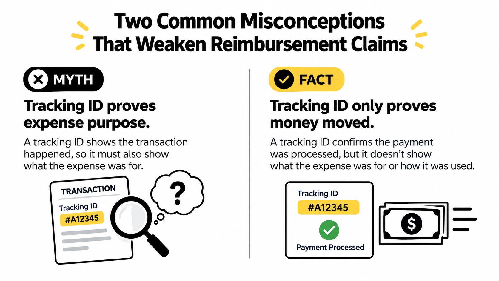 A visual comparison between a misconception and fact regarding the limitations of payment tracking IDs for reimbursement.