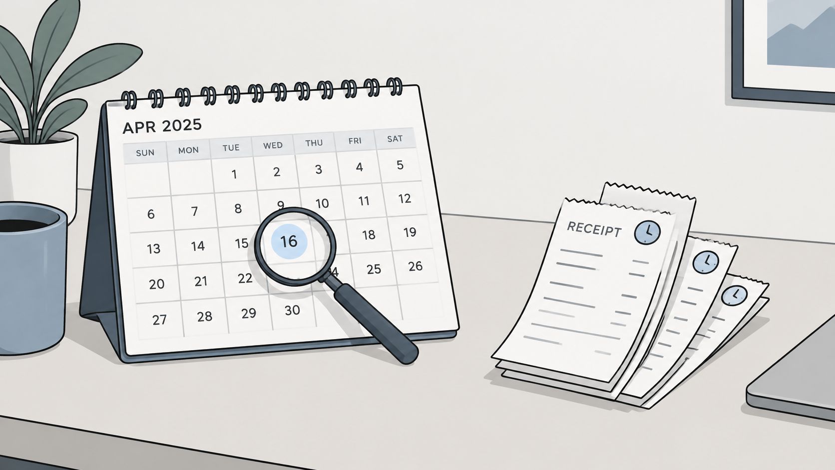 A magnifying glass placed over the date of April 16th on a desk calendar with receipts nearby.
