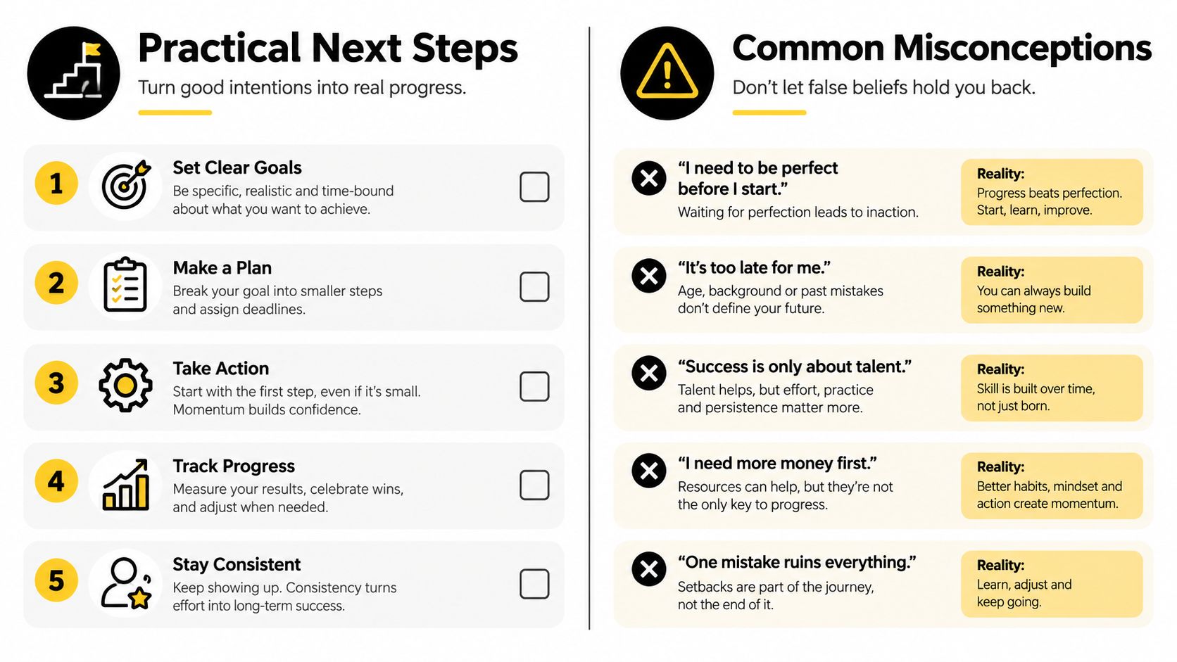 An infographic titled Practical Next Steps and Common Misconceptions providing advice on goal setting and personal growth.