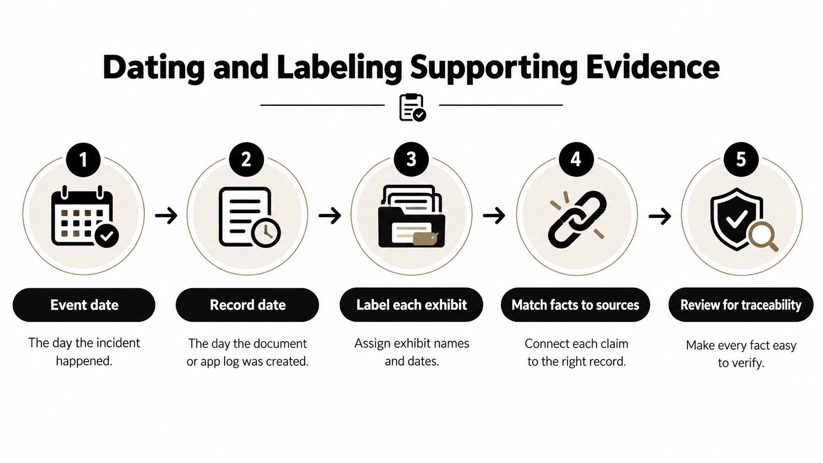 A five-step process diagram illustrating how to date and label supporting evidence for legal documentation.