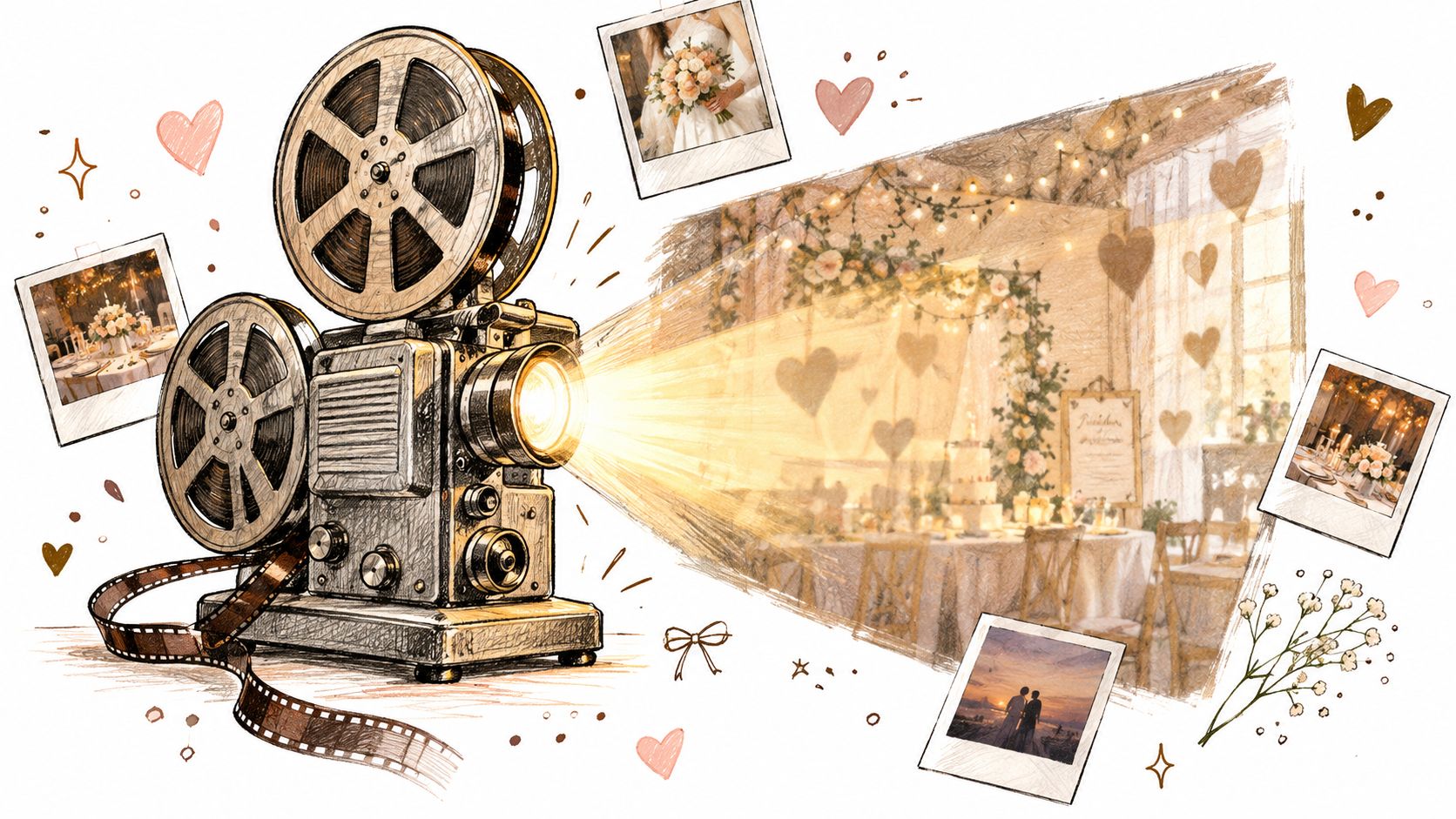 A vintage film projector projecting a nostalgic wedding reception scene surrounded by scattered bridal photo memories.