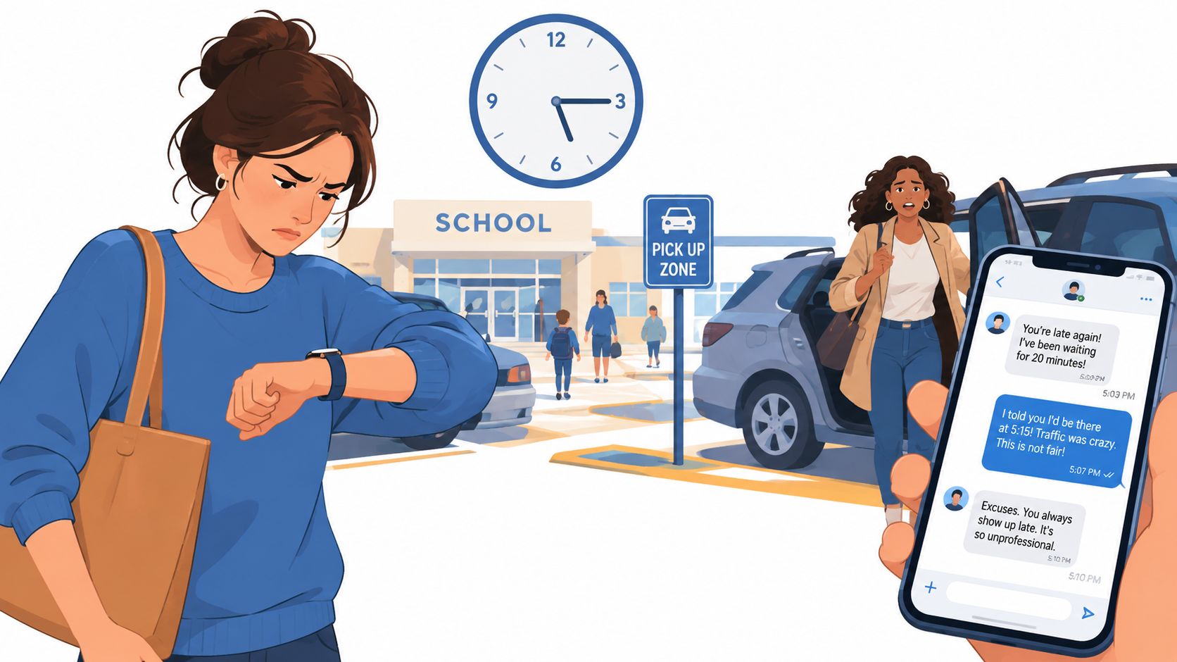 A woman looks at her watch while a text conversation appears showing conflict over being late.