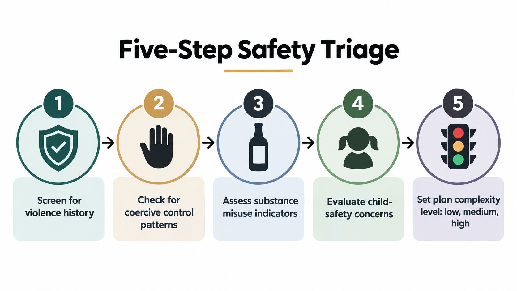 A five-step safety triage infographic outlining key assessment factors for creating a comprehensive parenting plan.