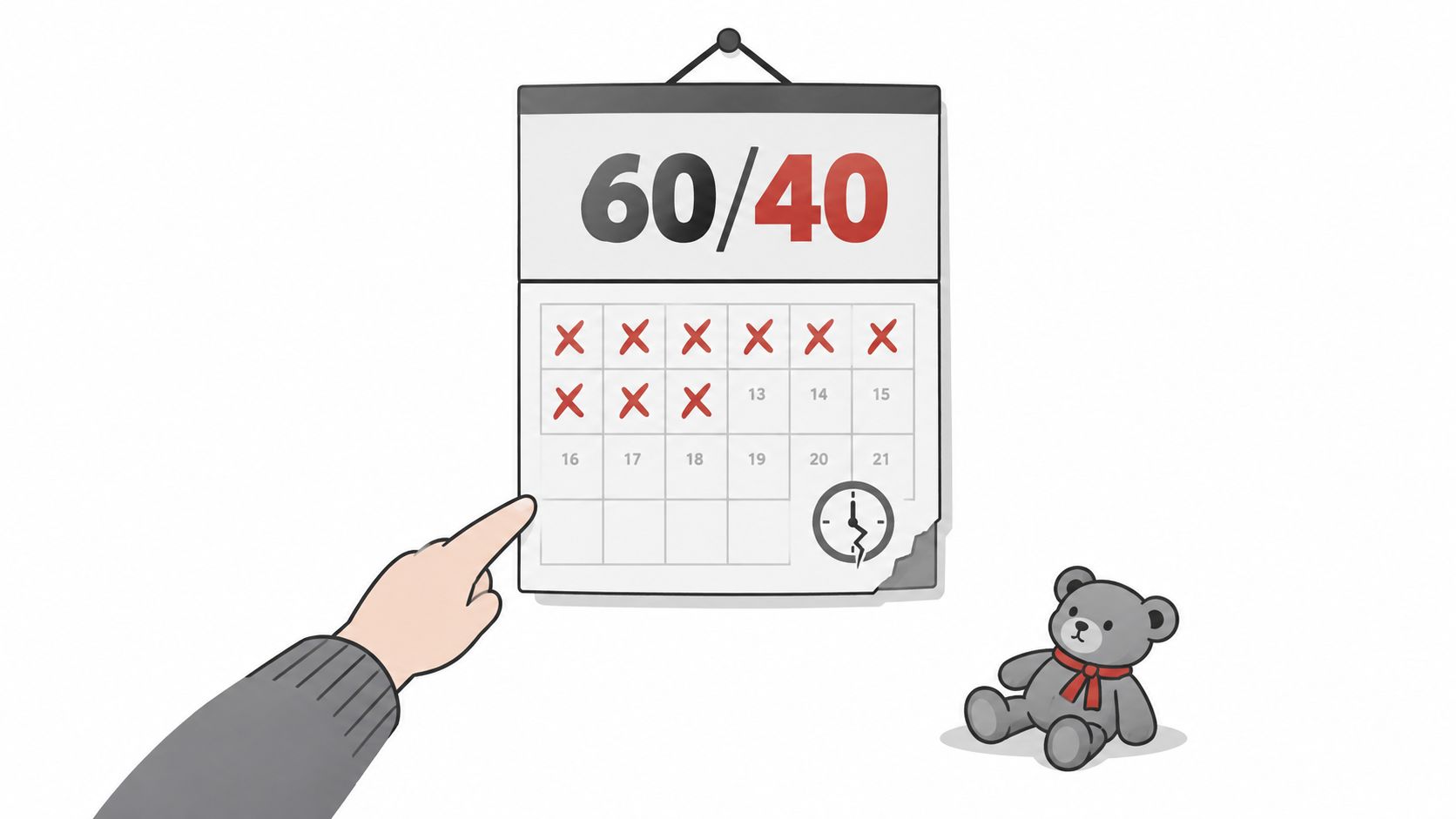 A hand points at a calendar showing a sixty-forty split with days marked by red crosses.