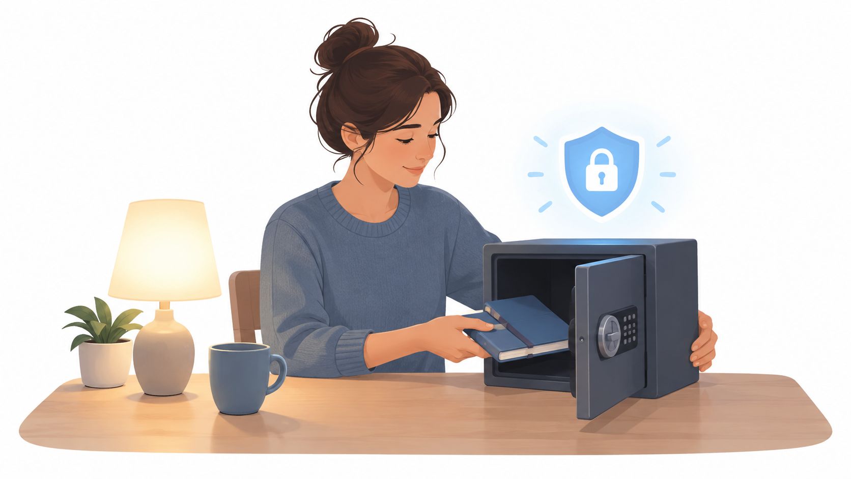 A woman putting her parenting journal into a secure safe to protect her private thoughts and information.