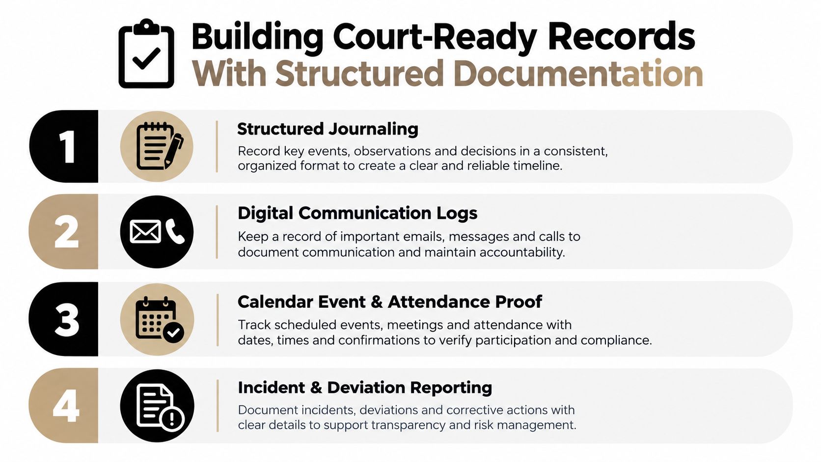 A four-step guide on creating court-ready records through structured documentation, journaling, communication logs, and reporting.