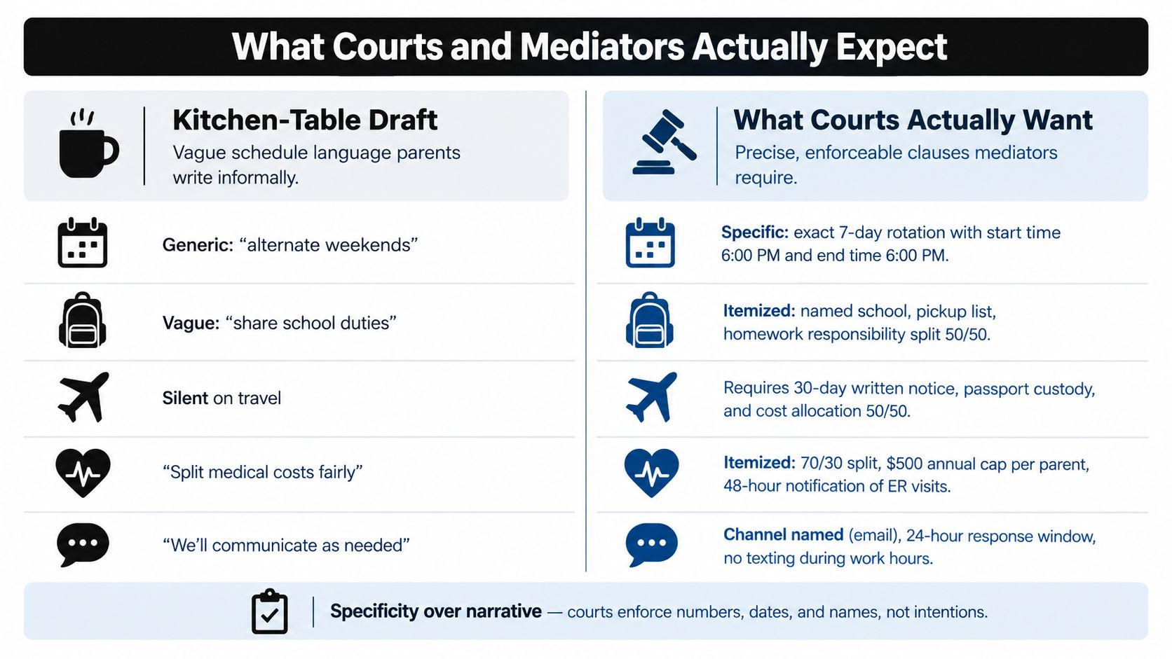 A comparison chart showing informal parental agreements versus formal, legally precise clauses required by courts.