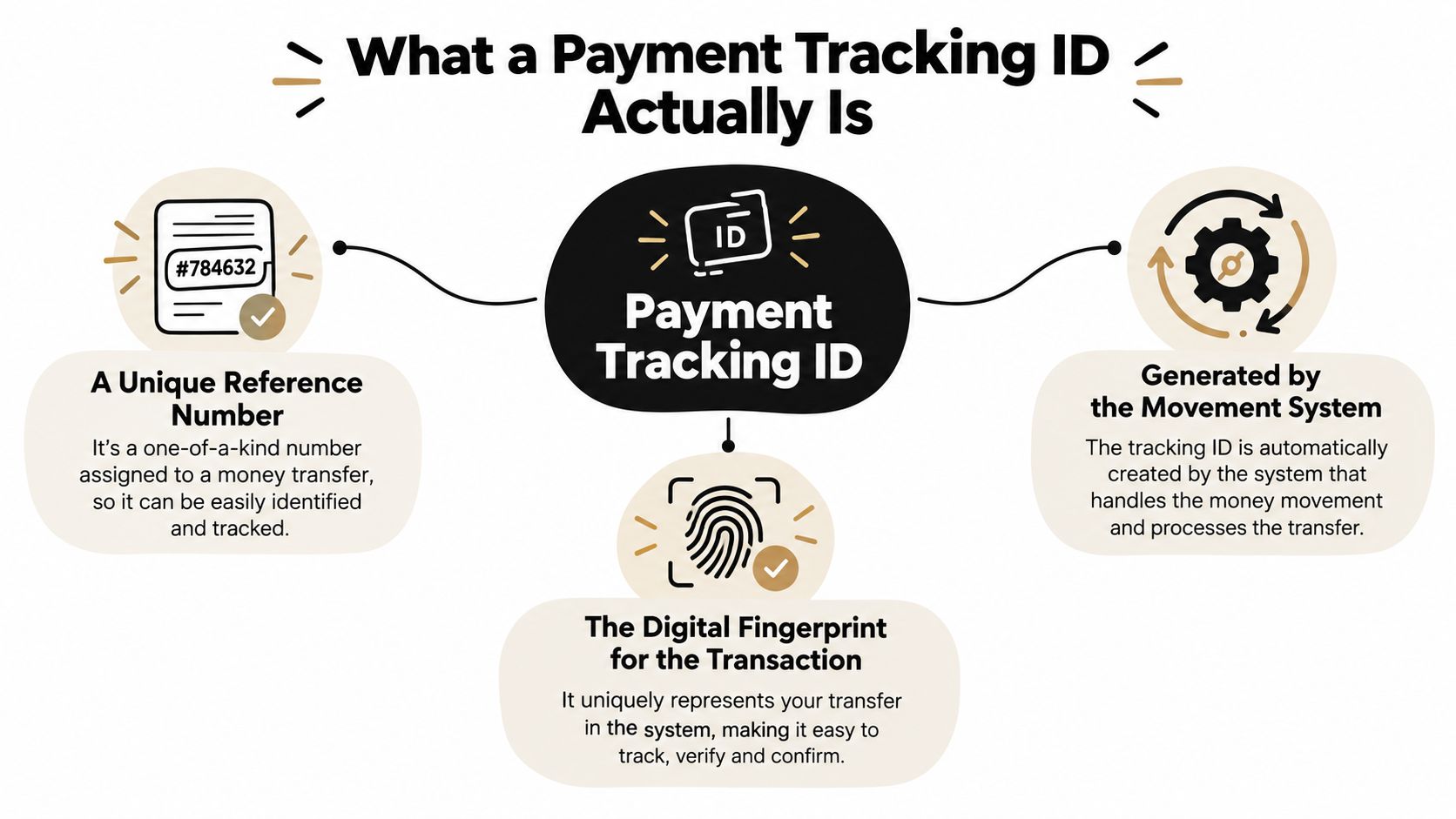An infographic explaining that a payment tracking ID is a unique reference number acting as a digital transaction fingerprint.