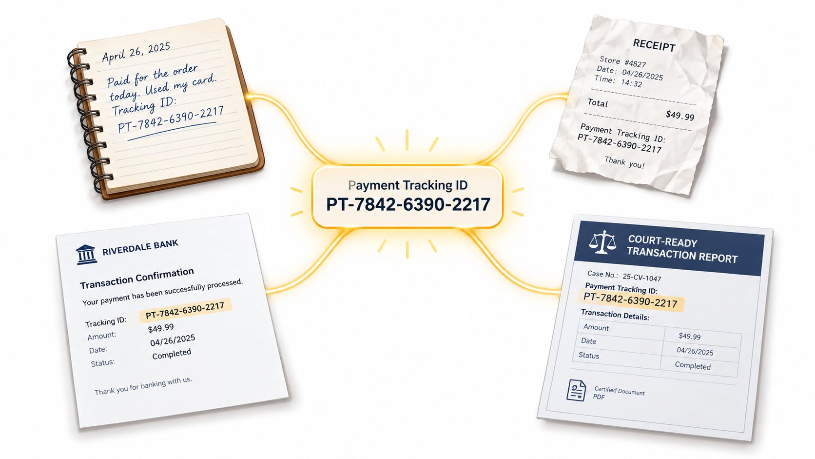 A central payment tracking ID connects to a notebook, receipt, bank confirmation, and court transaction report.