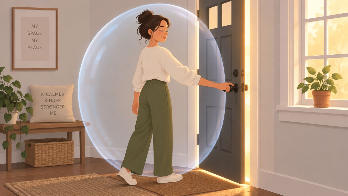 A young woman stepping through a doorway inside a protective bubble, representing personal boundaries and self-care.