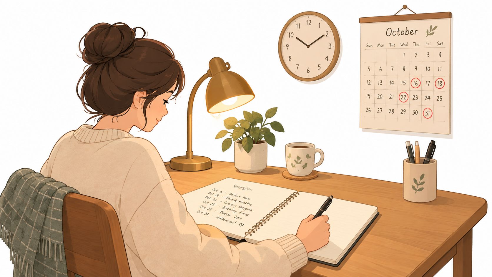 A woman with a hair bun sitting at a wooden desk, writing in a planner, with a calendar behind her.