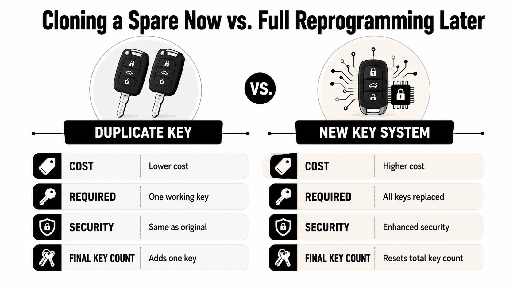 A comparison chart showing the differences between cloning a duplicate spare key versus creating a new key system.