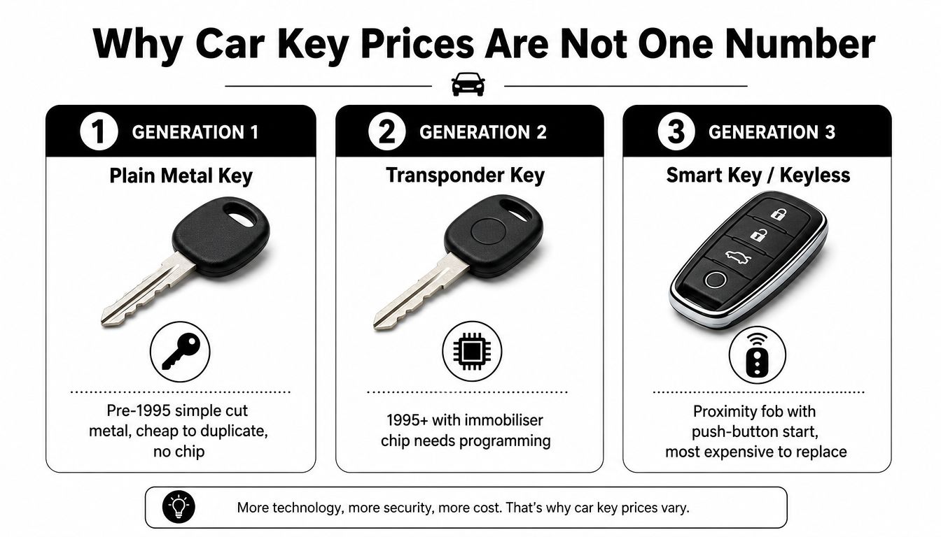 A diagram explaining the different types of car keys, from metal keys to modern smart proximity fobs.