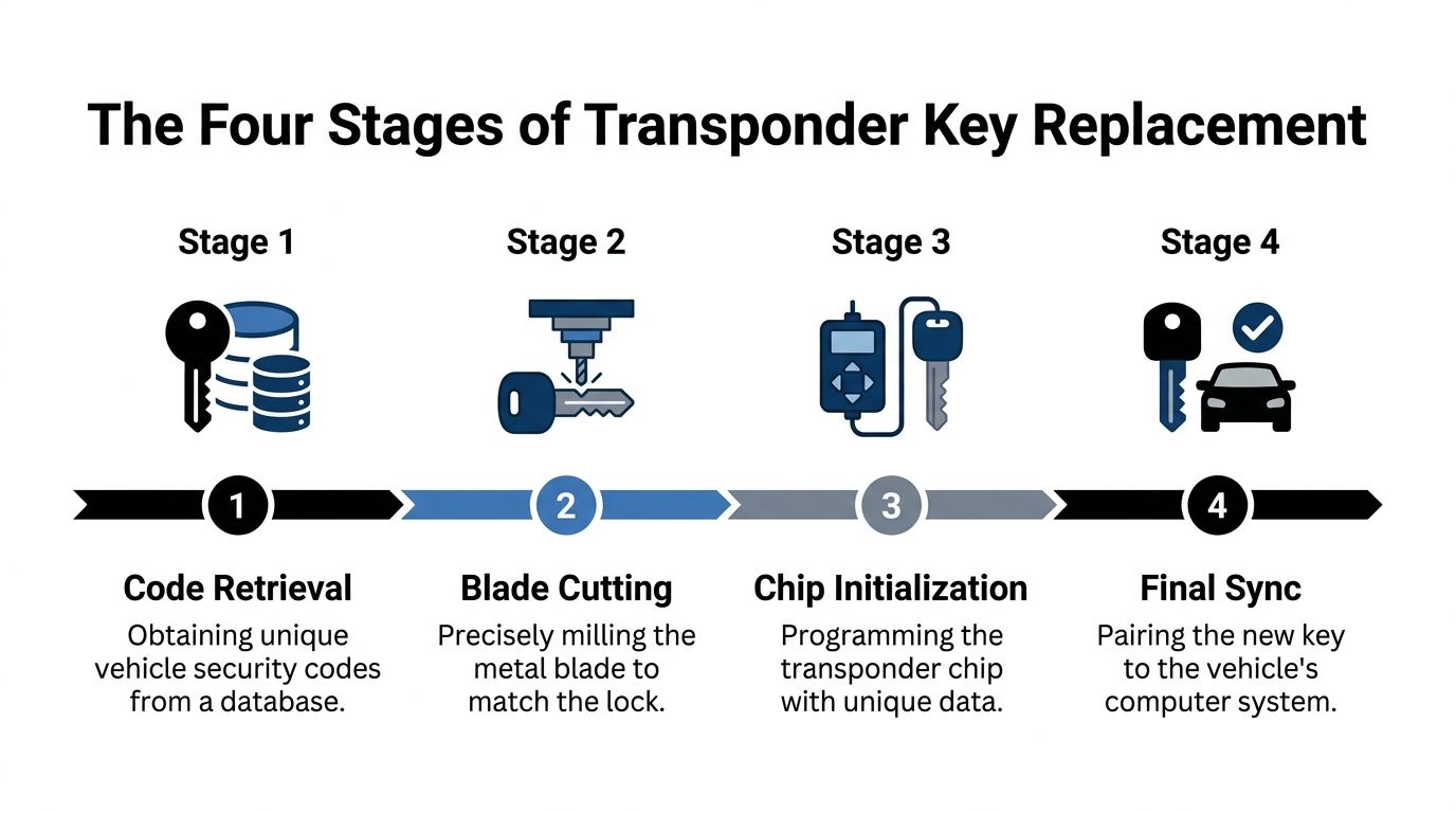 An infographic showing the four sequential stages involved in the replacement process of transponder car keys.