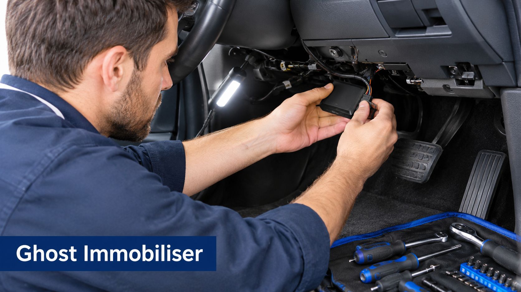 A professional mechanic installing a ghost immobiliser security device under the dashboard of a vehicle.
