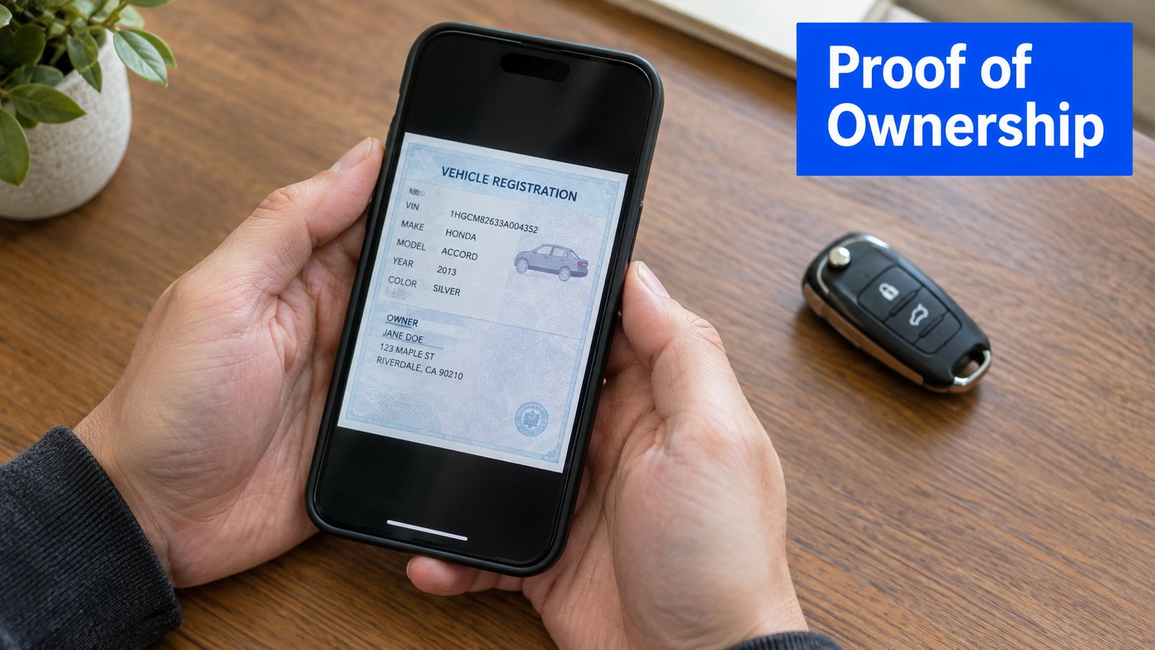A person holding a smartphone displaying a digital vehicle registration document next to car keys.